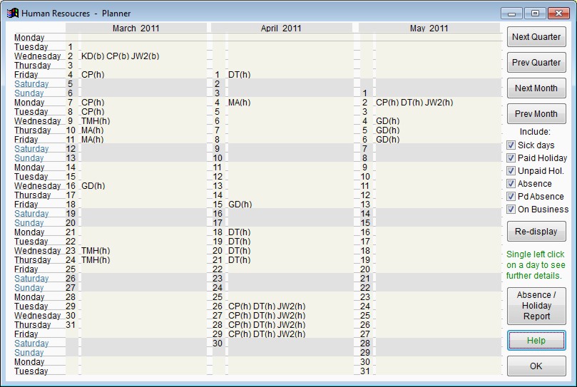 Screen shot showing employee holiday/absence planner