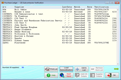 Screen shot showing CIS sub-contractor verification