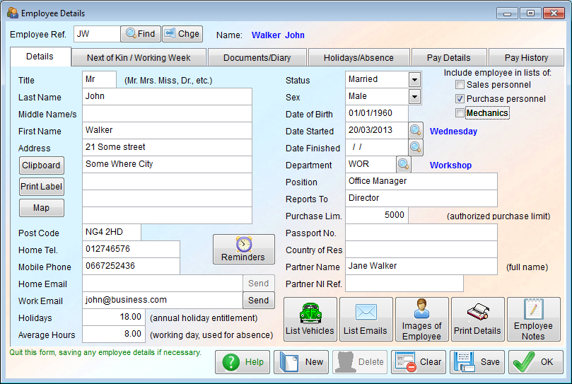 Screen shot showing employee details